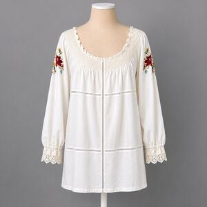 Vintage 90s‎ Sue Wong Crochet Lace Floral Embroidered Peasant Top L Cottage Boho